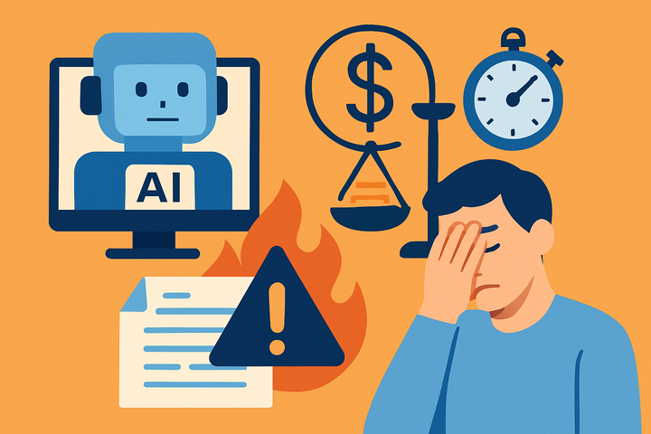 Illustration of a blog post with red flags and warning marks highlighting generic phrasing and editing mistakes that damage brand trust
