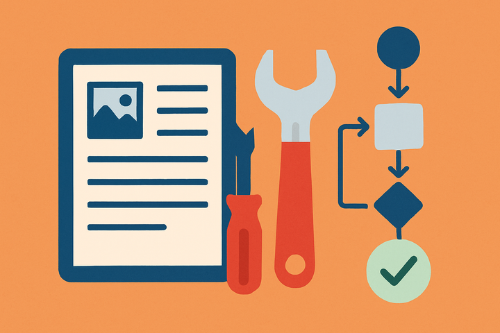 Workflow diagram showing a writing tool feeding into a human editing step before a polished blog post is published