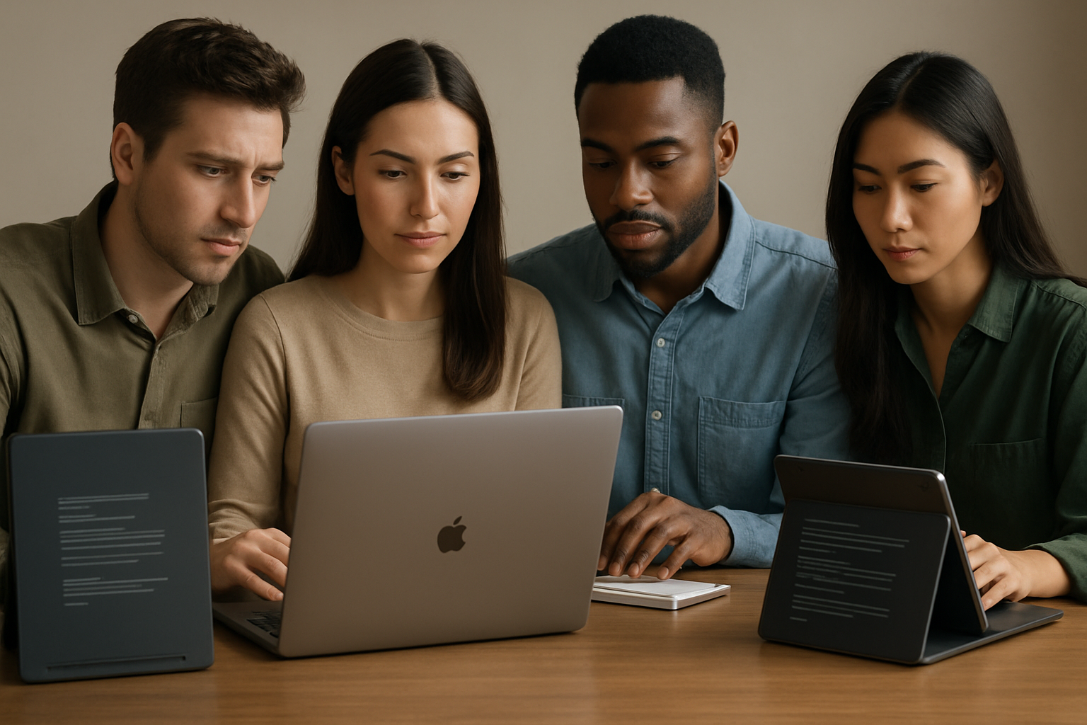 Several people at laptops using different AI writing tools while a shared style sheet keeps their output aligned to one brand voice