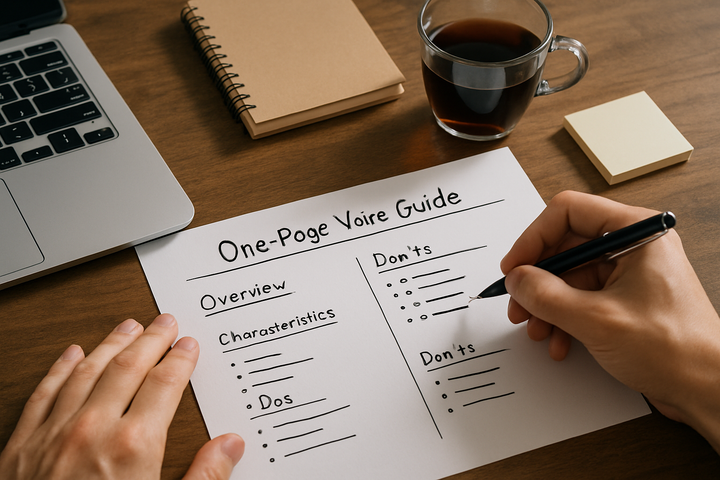 A single printed page pinned to a wall listing brand voice rules, showing what a usable one-page voice guide looks like in practice