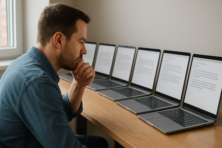 Twelve open browser tabs of AI-written blog posts showing how to keep brand voice consistent across multiple AI-written blog posts