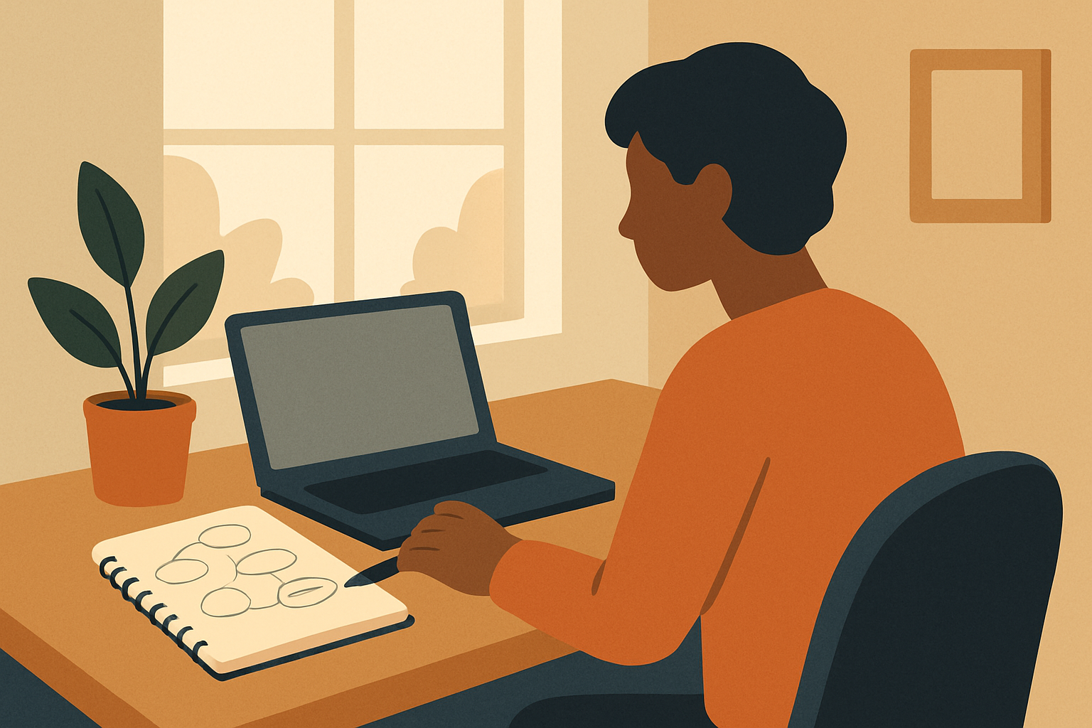 A notebook filled with handwritten brand adjectives rests beside an open laptop, setting up the search for the best AI prompts for maintaining tone of voice