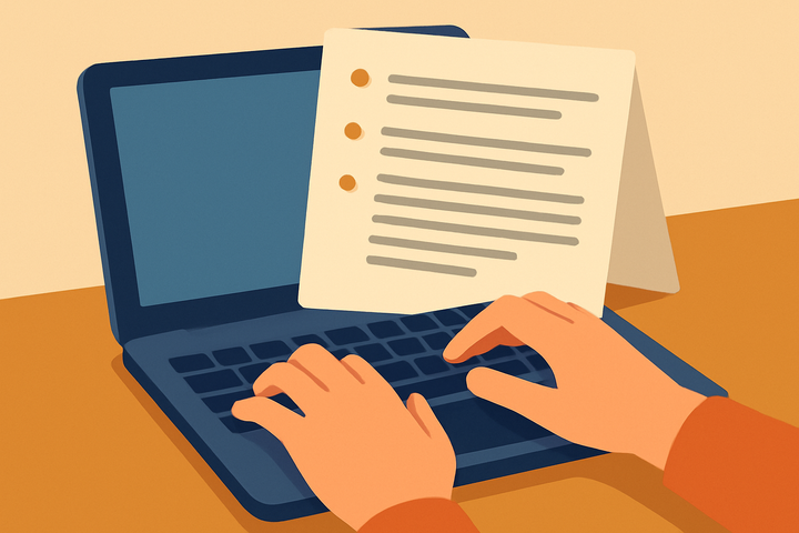 Hands type on a laptop keyboard next to a printed page of style notes, reflecting how the best AI prompts for maintaining tone of voice get built from real writ