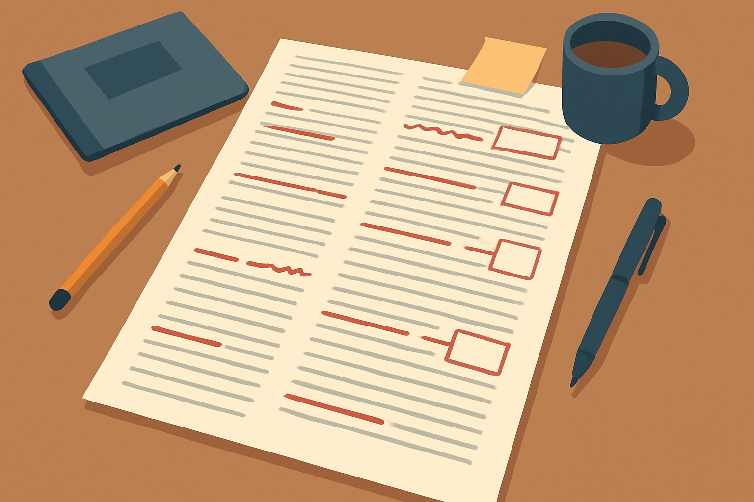 A long printed article is covered in handwritten edits and margin notes, showing the manual correction that better AI prompts for maintaining tone of voice aim 