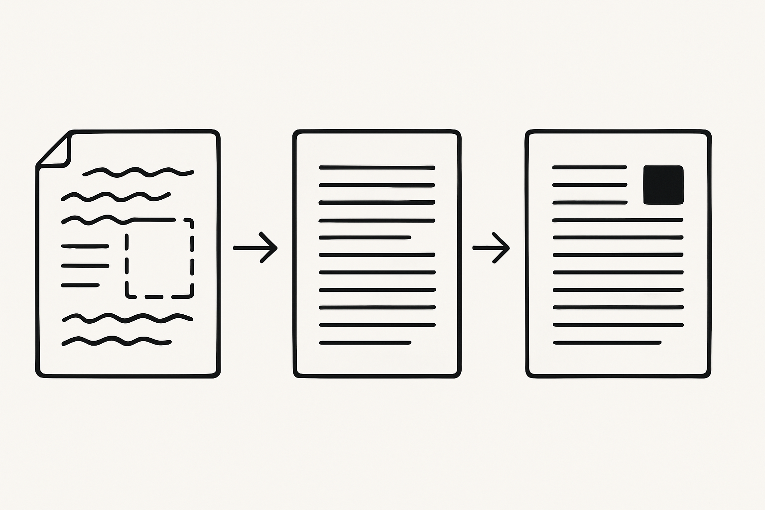 Three-panel diagram showing an AI draft title being edited step by step into a final published version, illustrating the rewrite process for blog titles