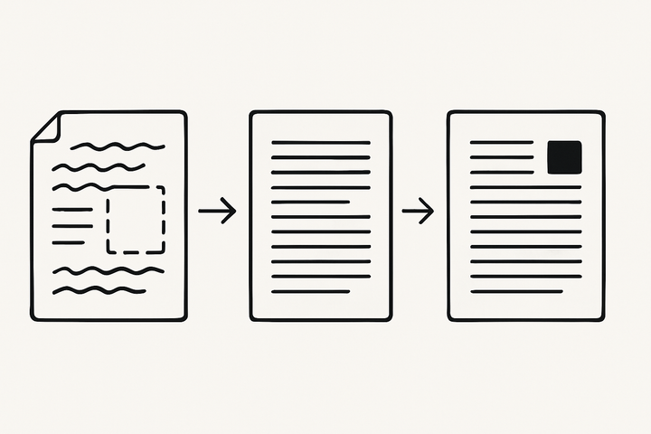 Three-panel diagram showing an AI draft title being edited step by step into a final published version, illustrating the rewrite process for blog titles