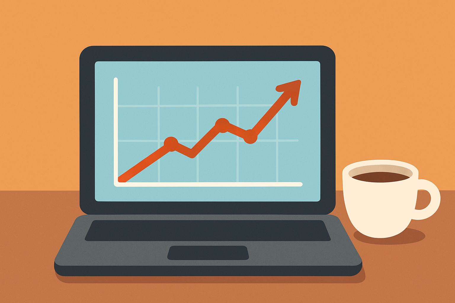 A laptop screen shows a rising line graph next to a coffee cup on a desk, representing the growth businesses gain when they write blogs with AI