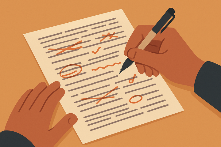Hands hold a pen over a printed page covered in handwritten corrections, showing the editing stage businesses need when they write blogs with AI
