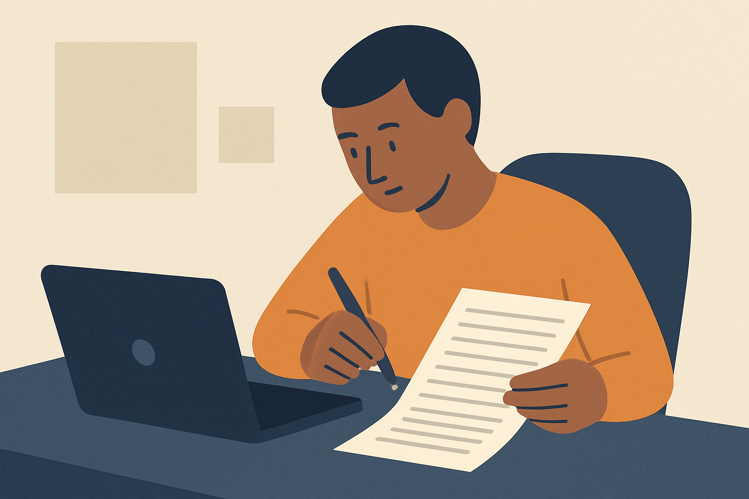 A person at a desk holds a pen over a printed page while an open laptop displays a blog draft, illustrating why businesses write blogs with AI
