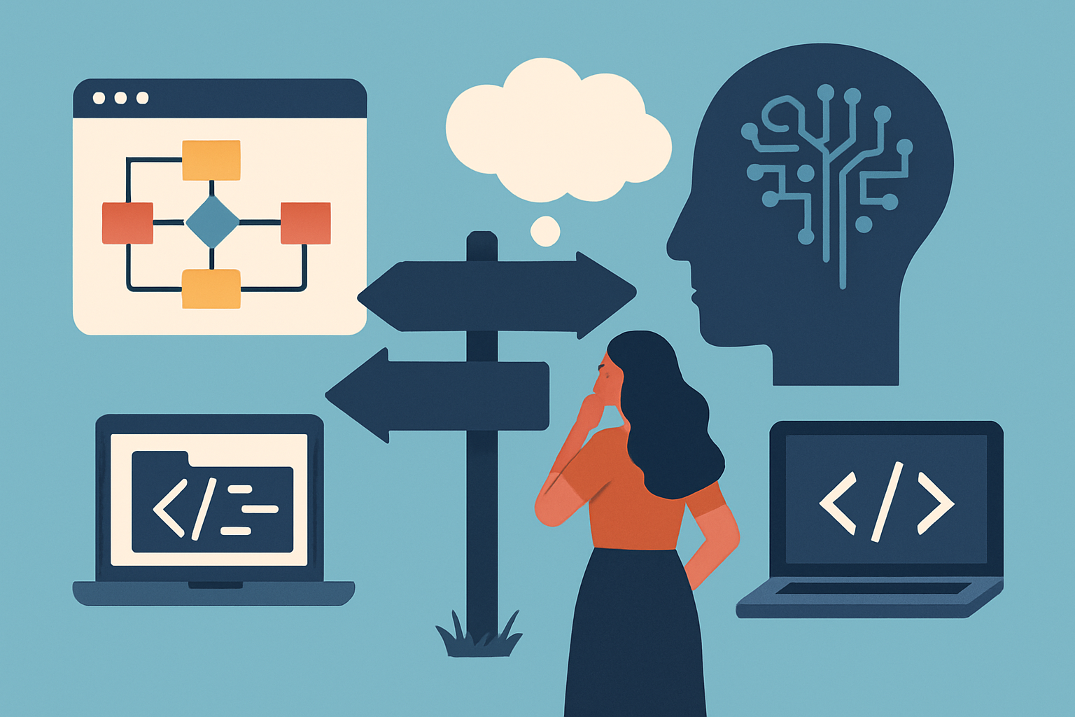 Small business owner reviewing an AI-generated software interface on a laptop, weighing whether in-house vibe coding tools are worth the investment for their co